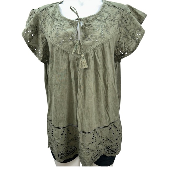 Style and Co Green Olive Flutter Sleeve women’s Blouse with Tie Front Size 1X - Picture 2 of 12